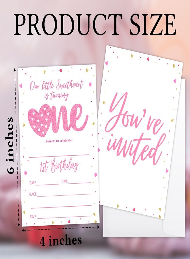 ukebobo Little Sweetheart First Birthday Invitation Card, Pink Gold Hearts Valentine's Bday Invite, 20 Sweetheart Birthday Invitation with Envelopes, Bday Party Decorations-634 - Image 2
