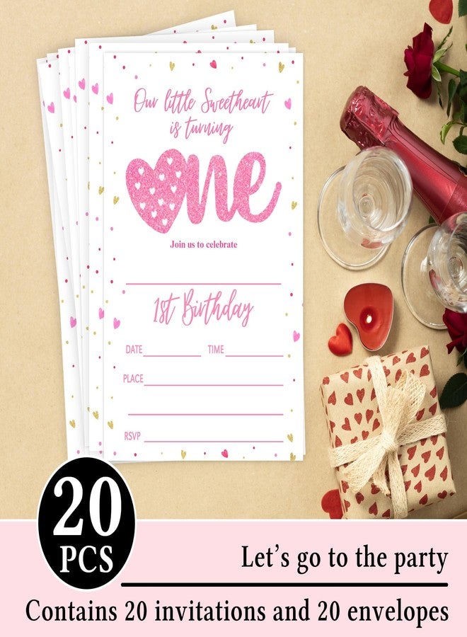 ukebobo Little Sweetheart First Birthday Invitation Card, Pink Gold Hearts Valentine's Bday Invite, 20 Sweetheart Birthday Invitation with Envelopes, Bday Party Decorations-634 - Image 4