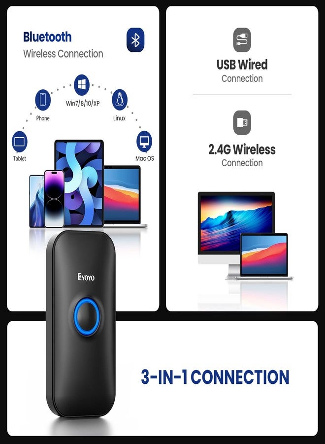 Eyoyo 1D Mini Bluetooth Barcode Scanner, 3-in-1 USB Wired & Bluetooth & 2.4G Wireless Barcode Reader Portable Bar Code Scanning Work with Tablets or Computers, Windows, Android, iOS - Image 3
