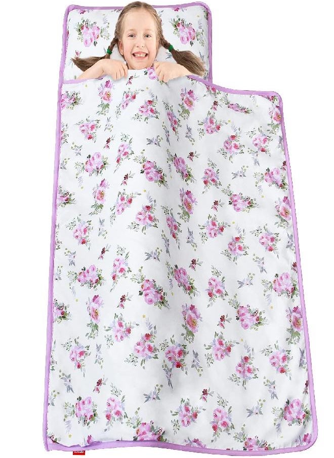Moonsea Toddler Nap Mat for Girls Floral, Warm Kids Sleeping Mat with Removable Pillow and Fleece Minky Blanket, Lightweight Perfect for Kids Preschool, Daycare, Travel Sleeping Bag, Fit Standard Cot  - Image 3