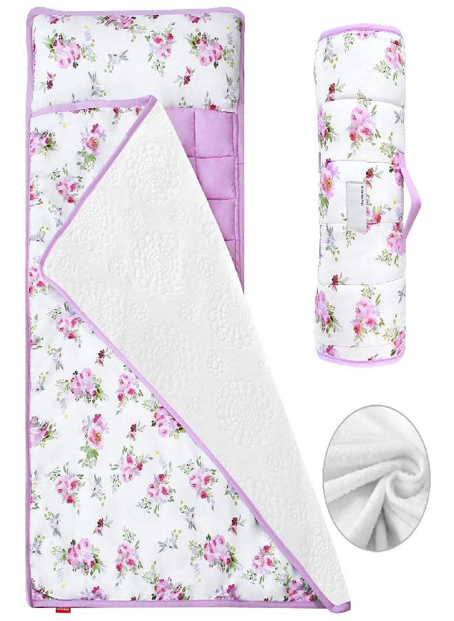 Moonsea Toddler Nap Mat for Girls Floral, Warm Kids Sleeping Mat with Removable Pillow and Fleece Minky Blanket, Lightweight Perfect for Kids Preschool, Daycare, Travel Sleeping Bag, Fit Standard Cot  - Image 1