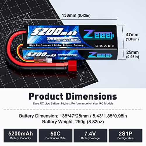 Zeee 2S 5200mAh Lipo Battery 7.4V 50C Hard Case with T Connector for RC Truck RC Truggy RC Heli Airplane Drone FPV Racing (1 Pack) - Image 2