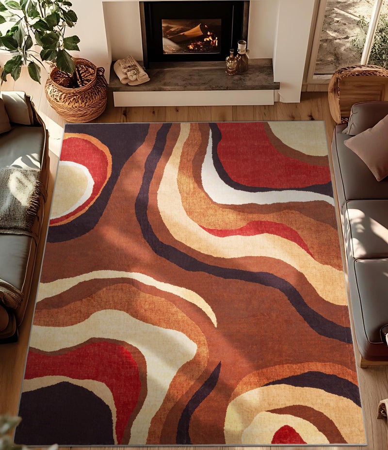 YIHOUSE Burnt Orange Rug 8x10 Washable,Alfombras para Salas,Farmhouse Brown Retro Carpets,Geometric Abstract Wavy Rug for Living Room,Unique Colorful Rugs for Bedroom,Dining Room - Image 2