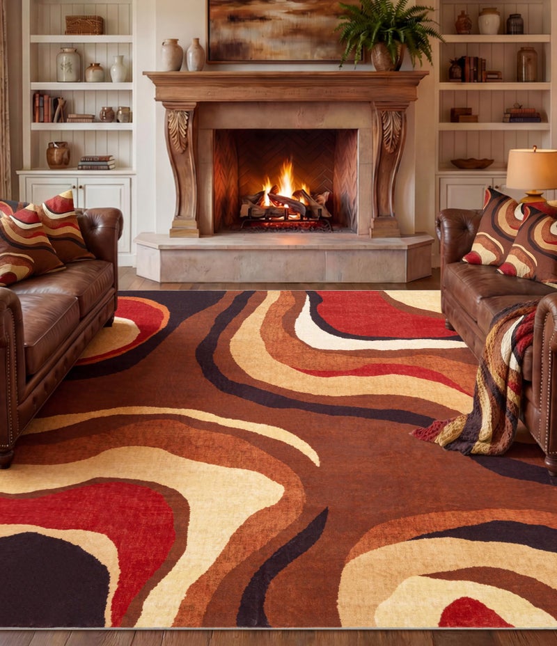 YIHOUSE Burnt Orange Rug 8x10 Washable,Alfombras para Salas,Farmhouse Brown Retro Carpets,Geometric Abstract Wavy Rug for Living Room,Unique Colorful Rugs for Bedroom,Dining Room - Image 1