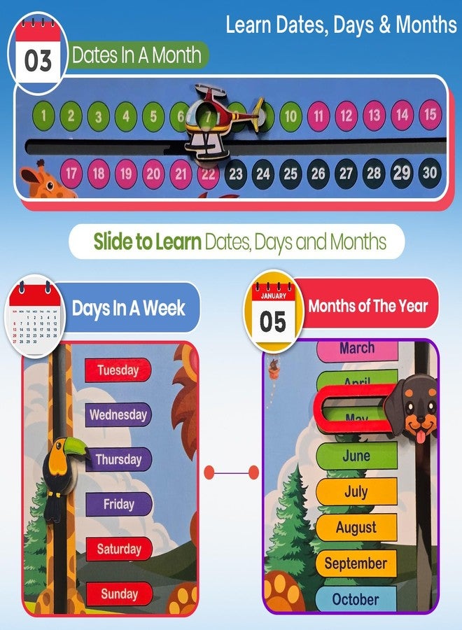 Toyjos Kids Wooden Calendar Clock with Slider | Lion Themed Montessori 7 in 1 Early Learning Board Game | Fun Preschool Educational Toys Birthday Gift for Toddlers, Boys, Girls (Age 3-6 Years) - Image 3