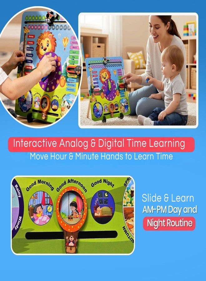 Toyjos Kids Wooden Calendar Clock with Slider | Lion Themed Montessori 7 in 1 Early Learning Board Game | Fun Preschool Educational Toys Birthday Gift for Toddlers, Boys, Girls (Age 3-6 Years) - Image 5