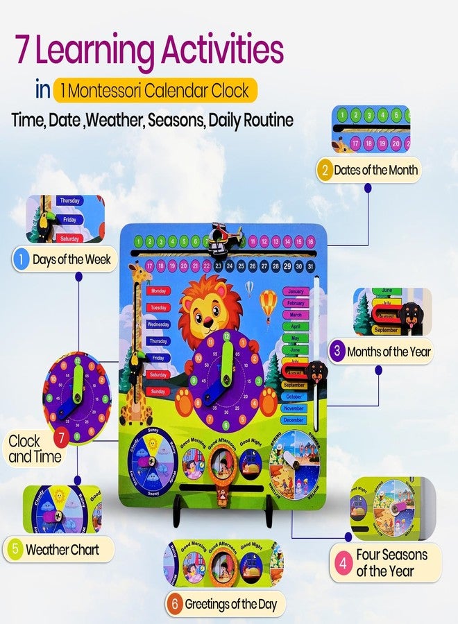 Toyjos Kids Wooden Calendar Clock with Slider | Lion Themed Montessori 7 in 1 Early Learning Board Game | Fun Preschool Educational Toys Birthday Gift for Toddlers, Boys, Girls (Age 3-6 Years) - Image 2