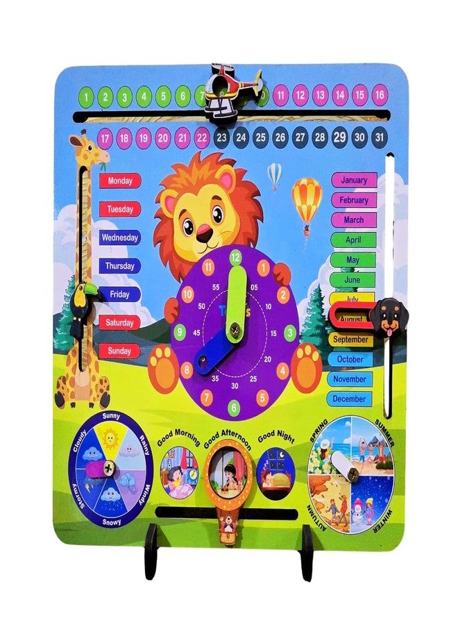 Toyjos Kids Wooden Calendar Clock with Slider | Lion Themed Montessori 7 in 1 Early Learning Board Game | Fun Preschool Educational Toys Birthday Gift for Toddlers, Boys, Girls (Age 3-6 Years) - Image 1