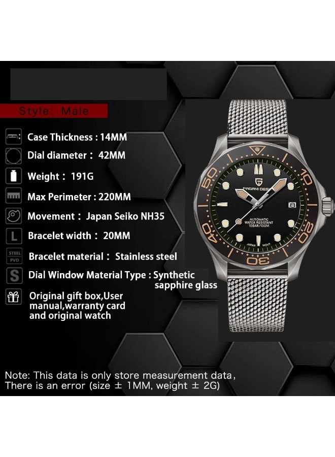 PAGANI DESIGN 007 Seamaster Automatic Black Dial Mesh Strap Men's Watch PD1667 - Image 2