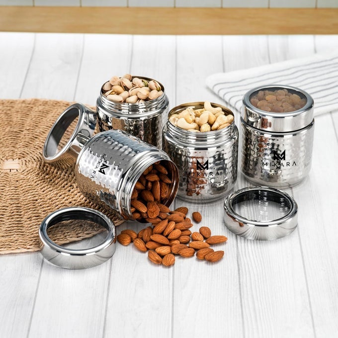 STAINLESS STEEL DRY FRUIT DABBASTAINLESS STEEL HAMMERED THREAD DABBASTAINLESS STEEL THREAD DABBA SIZE NO 3 550ML SET OF 4