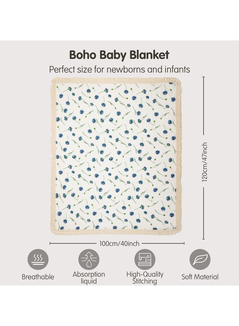 انسولار بطانية أطفال موسلين 1.2×1م، بطانية قماط بوهيمية مع شراشيب لديكور غرفة الأطفال والرضاعة (أزرق دانديليون) - Image 2