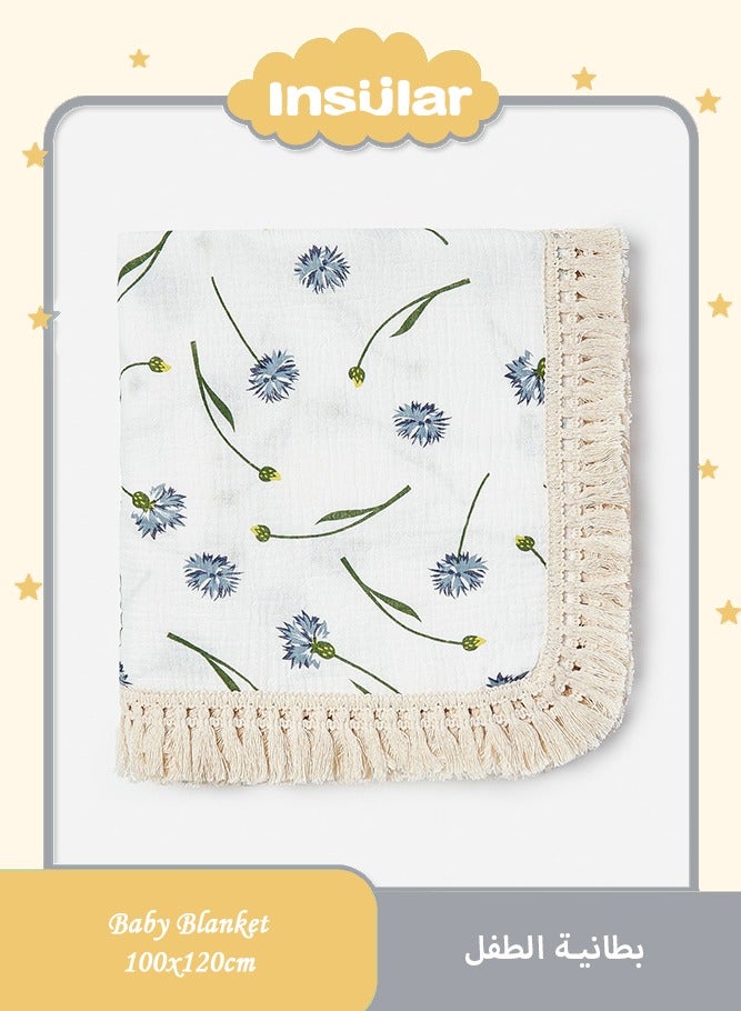 انسولار بطانية أطفال موسلين 1.2×1م، بطانية قماط بوهيمية مع شراشيب لديكور غرفة الأطفال والرضاعة (أزرق دانديليون) - Image 1