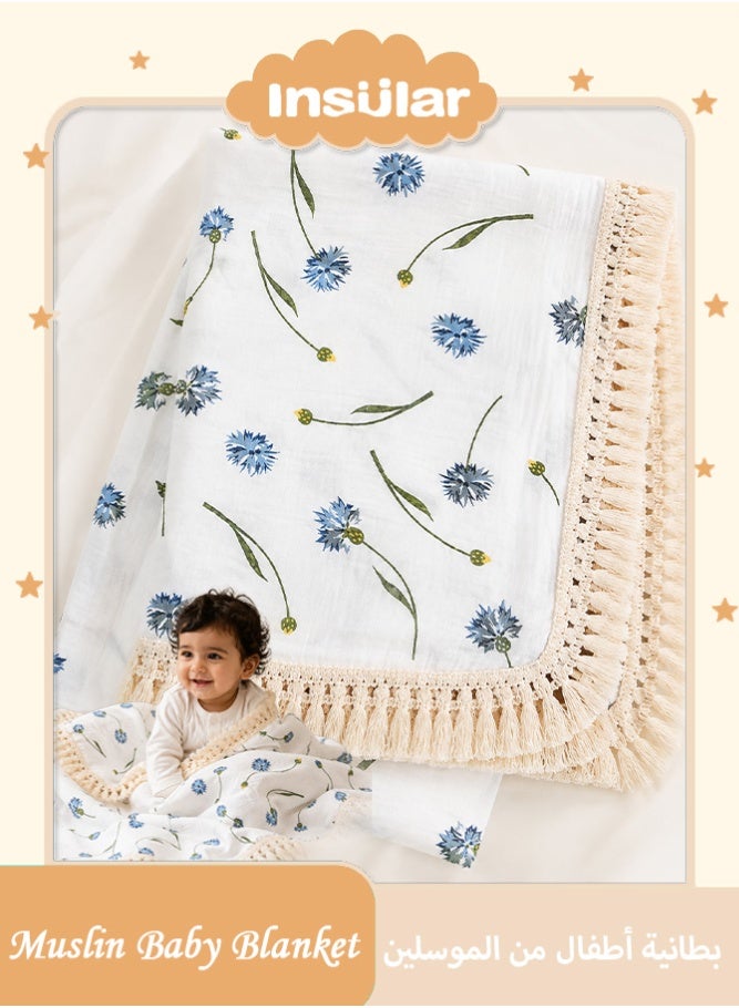 insular 120×100cm Muslin Baby Blanket, 4-Layer Cotton Swaddle Blanket for Newborns, Breathable Boho Tassel Receiving Blanket, Multi-Purpose Baby Crib Cover, Stroller and Travel Blanket (Blue Dandelion) - Image 1