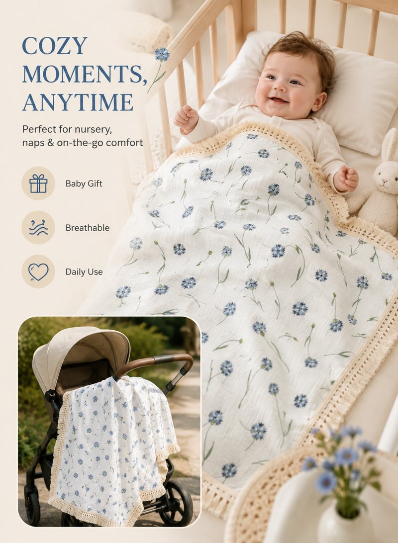 insular 120×100cm Muslin Baby Blanket, 4-Layer Cotton Swaddle Blanket for Newborns, Breathable Boho Tassel Receiving Blanket, Multi-Purpose Baby Crib Cover, Stroller and Travel Blanket (Blue Dandelion) - Image 5