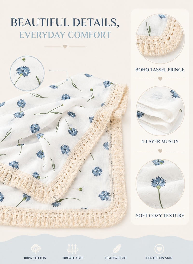 insular 120×100cm Muslin Baby Blanket, 4-Layer Cotton Swaddle Blanket for Newborns, Breathable Boho Tassel Receiving Blanket, Multi-Purpose Baby Crib Cover, Stroller and Travel Blanket (Blue Dandelion) - Image 3