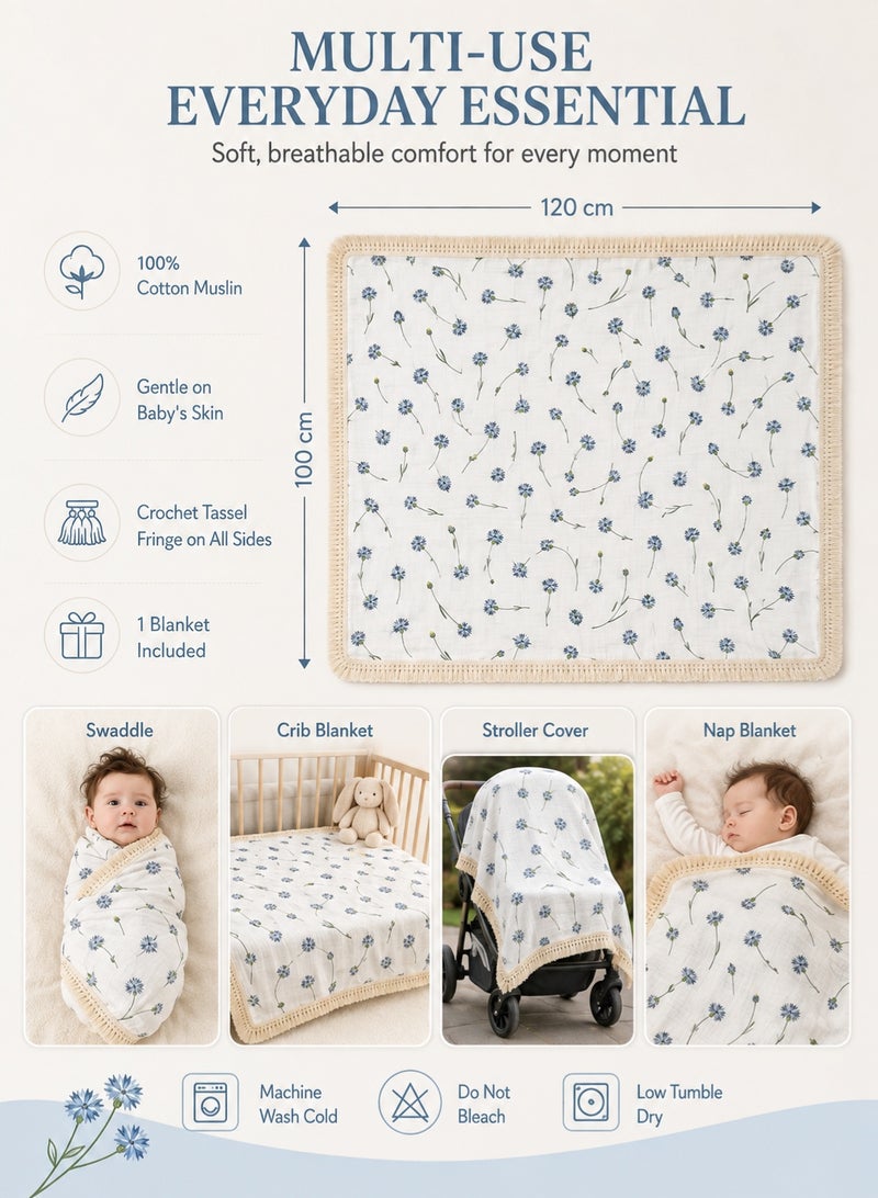 insular 120×100cm Muslin Baby Blanket, 4-Layer Cotton Swaddle Blanket for Newborns, Breathable Boho Tassel Receiving Blanket, Multi-Purpose Baby Crib Cover, Stroller and Travel Blanket (Blue Dandelion) - Image 2