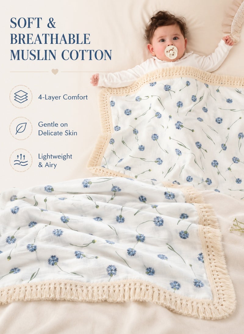 insular 120×100cm Muslin Baby Blanket, 4-Layer Cotton Swaddle Blanket for Newborns, Breathable Boho Tassel Receiving Blanket, Multi-Purpose Baby Crib Cover, Stroller and Travel Blanket (Blue Dandelion) - Image 4
