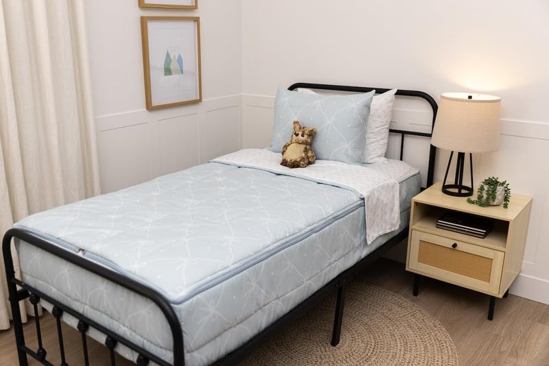 Beddy's Bow & Ribbon Themed Durable Zipper Bedding for Kids, Bed in a Bag, Baby Blue Comforter & White Pinstripe Sheets, Includes Pillowcase & Pillow Sham, Easy to Make & Wash - Image 3
