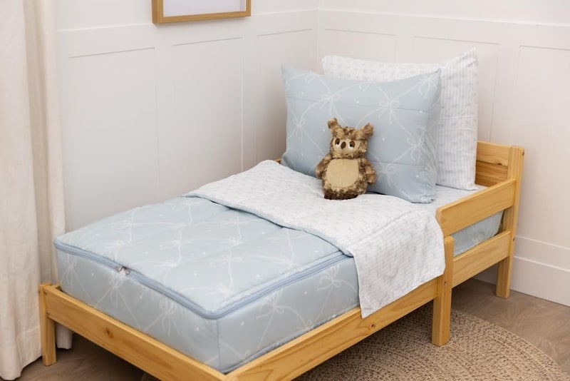 Beddy's Bow & Ribbon Themed Durable Zipper Bedding for Kids, Bed in a Bag, Baby Blue Comforter & White Pinstripe Sheets, Includes Pillowcase & Pillow Sham, Easy to Make & Wash - Image 5