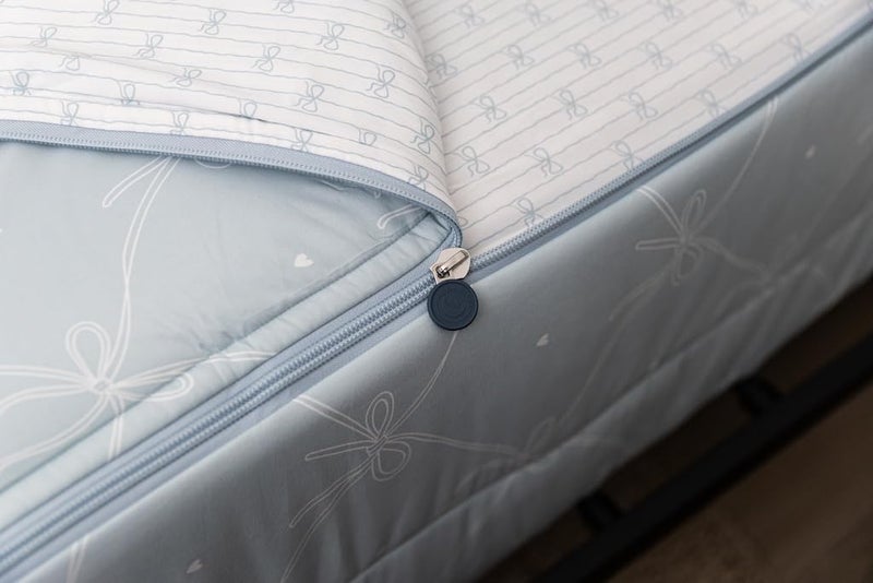 Beddy's Bow & Ribbon Themed Durable Zipper Bedding for Kids, Bed in a Bag, Baby Blue Comforter & White Pinstripe Sheets, Includes Pillowcase & Pillow Sham, Easy to Make & Wash - Image 1