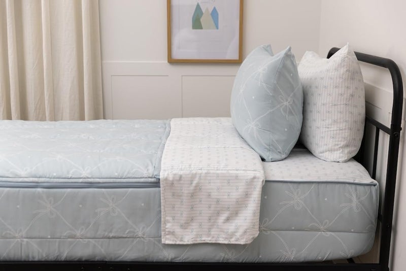 Beddy's Bow & Ribbon Themed Durable Zipper Bedding for Kids, Bed in a Bag, Baby Blue Comforter & White Pinstripe Sheets, Includes Pillowcase & Pillow Sham, Easy to Make & Wash - Image 2