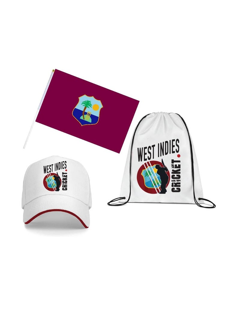 West Indies Sports Cricket Fans Combo Pack for Adults - Pack of 3 - Drawstring Bag, Hand Flag, Cap - Perfect for West Indies Sports Events and Cricket Matches - Image 1