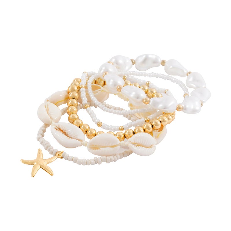 LALAPPLE Shell Bracelet Boho Beaded Stretch Bracelets for Women Seashell Strand Bracelets Starfish Charm Jewelry Summer Beach Jewelry Stackable Crystal Gold Plated Beads Bracelet for Women - Image 1
