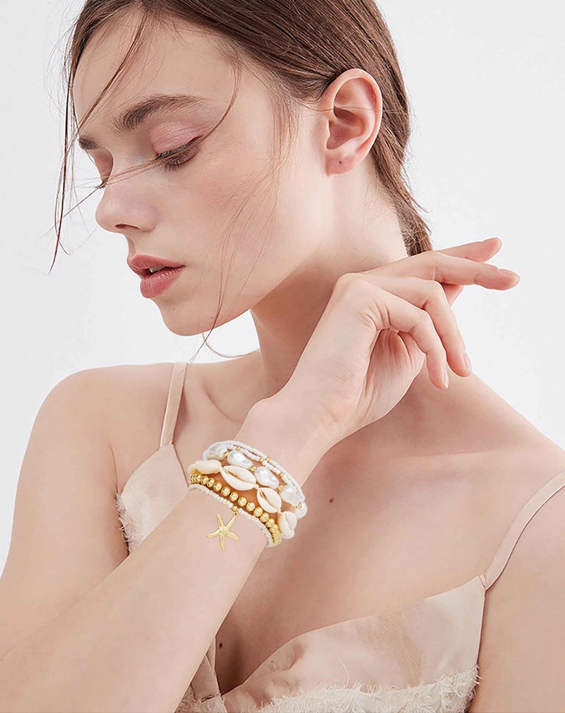 LALAPPLE Shell Bracelet Boho Beaded Stretch Bracelets for Women Seashell Strand Bracelets Starfish Charm Jewelry Summer Beach Jewelry Stackable Crystal Gold Plated Beads Bracelet for Women - Image 4