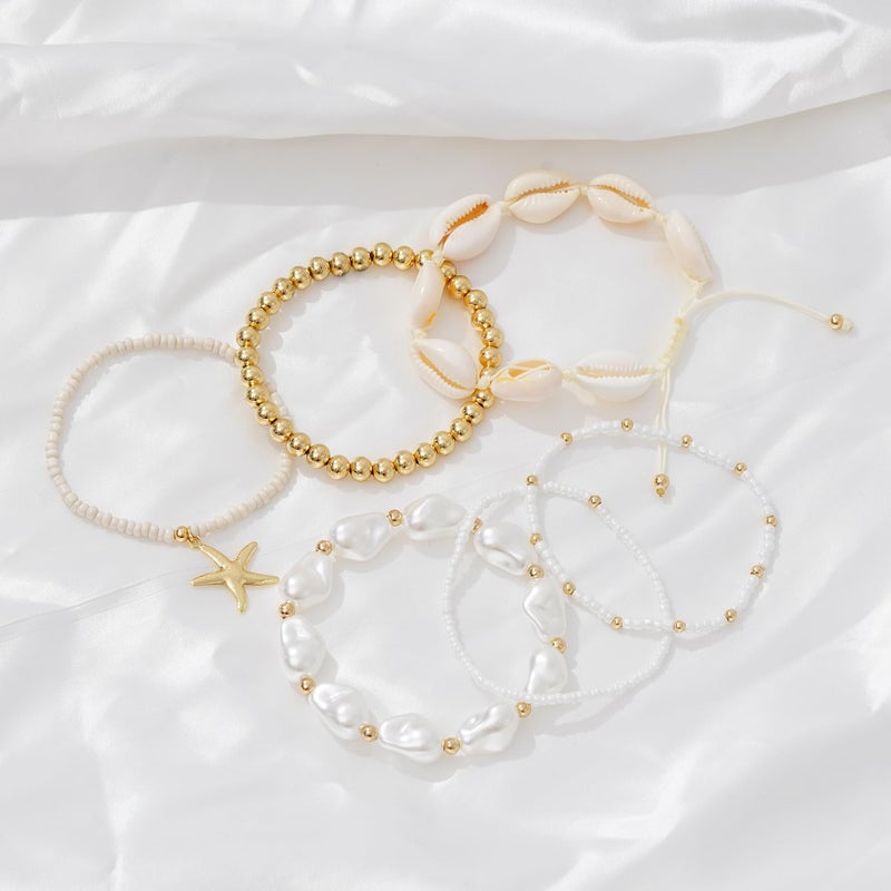 LALAPPLE Shell Bracelet Boho Beaded Stretch Bracelets for Women Seashell Strand Bracelets Starfish Charm Jewelry Summer Beach Jewelry Stackable Crystal Gold Plated Beads Bracelet for Women - Image 3