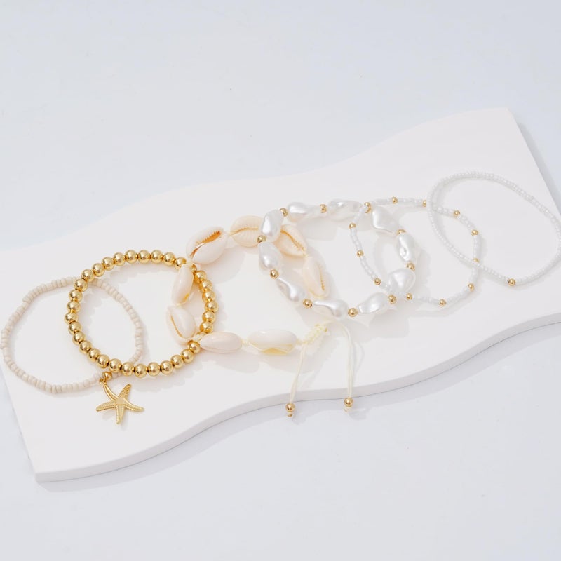LALAPPLE Shell Bracelet Boho Beaded Stretch Bracelets for Women Seashell Strand Bracelets Starfish Charm Jewelry Summer Beach Jewelry Stackable Crystal Gold Plated Beads Bracelet for Women - Image 2