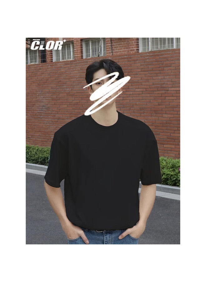 كلور Clor Solid Color ثقيلة الوزن قصير الأكمام تي شيرت رجالي صيفي كاجوال طقم نسائي رقيق فضفاض قميص Ct01 أسود L - Image 1