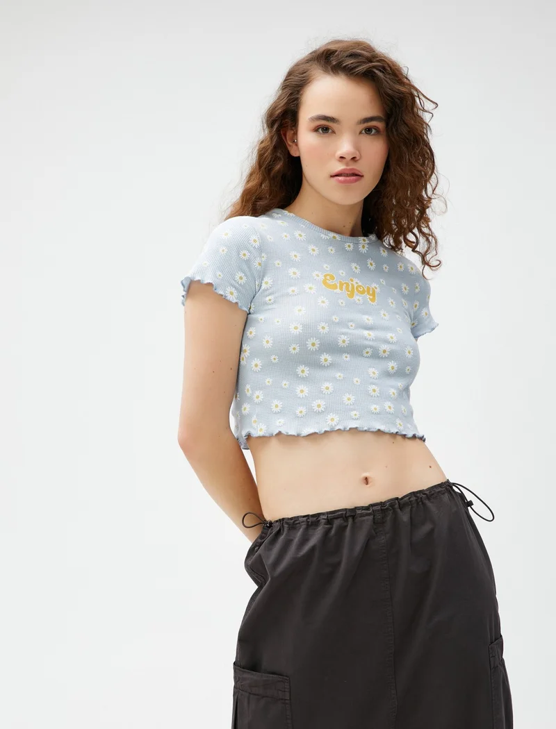 كوتون Crop T-Shirt Printed Short Sleeve Crew Neck Cotton