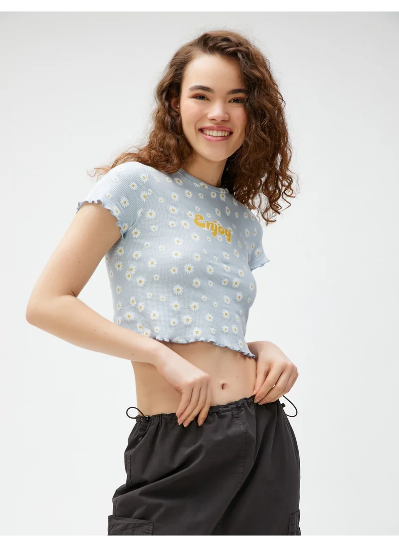 كوتون Crop T-Shirt Printed Short Sleeve Crew Neck Cotton