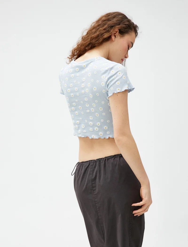 كوتون Crop T-Shirt Printed Short Sleeve Crew Neck Cotton