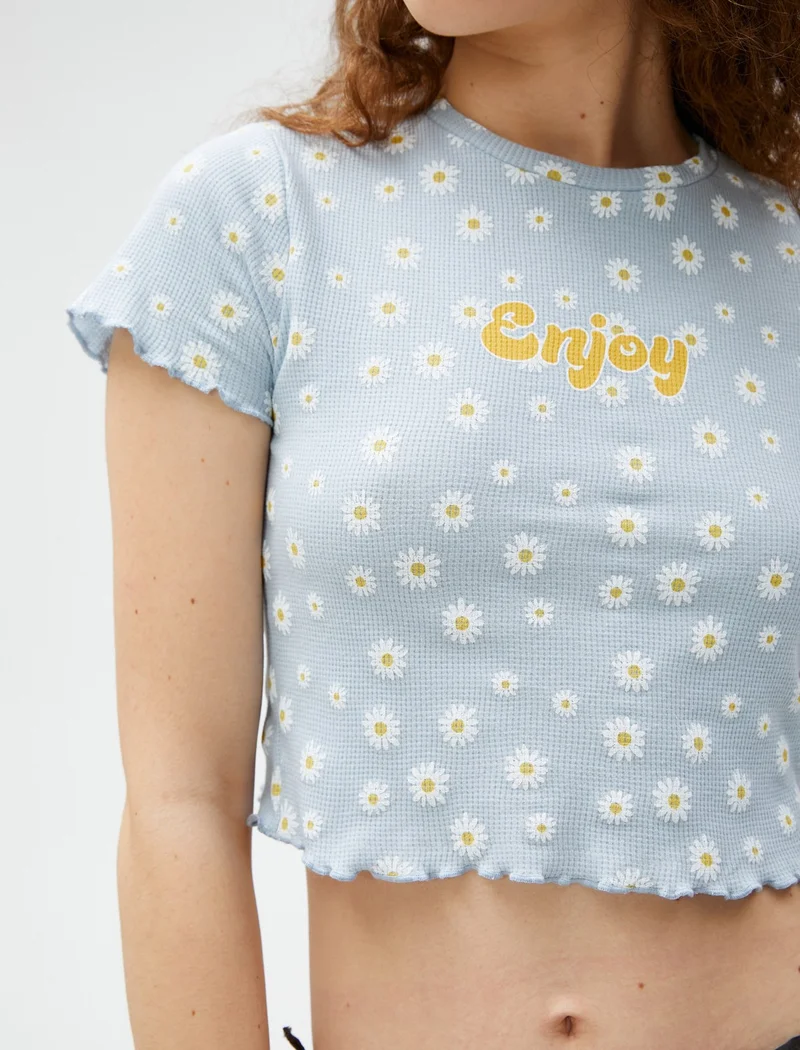 كوتون Crop T-Shirt Printed Short Sleeve Crew Neck Cotton