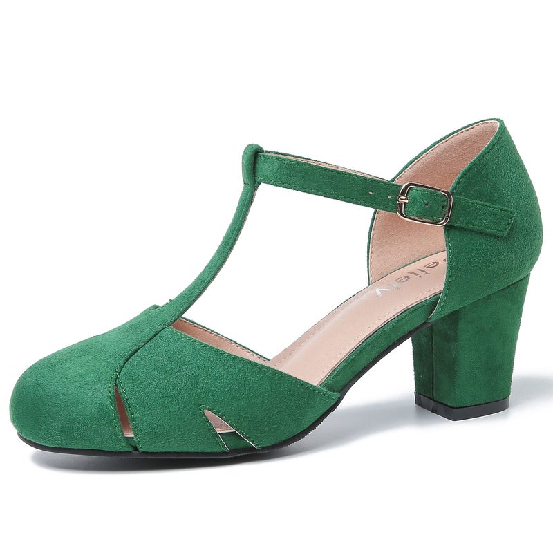 Peijely Women's T-Strap Block Heel Pumps, Ankle Buckle Closure, Classic Cut Out Round Toe Dress Shoes Suede Green 44 - US 11 - Image 1