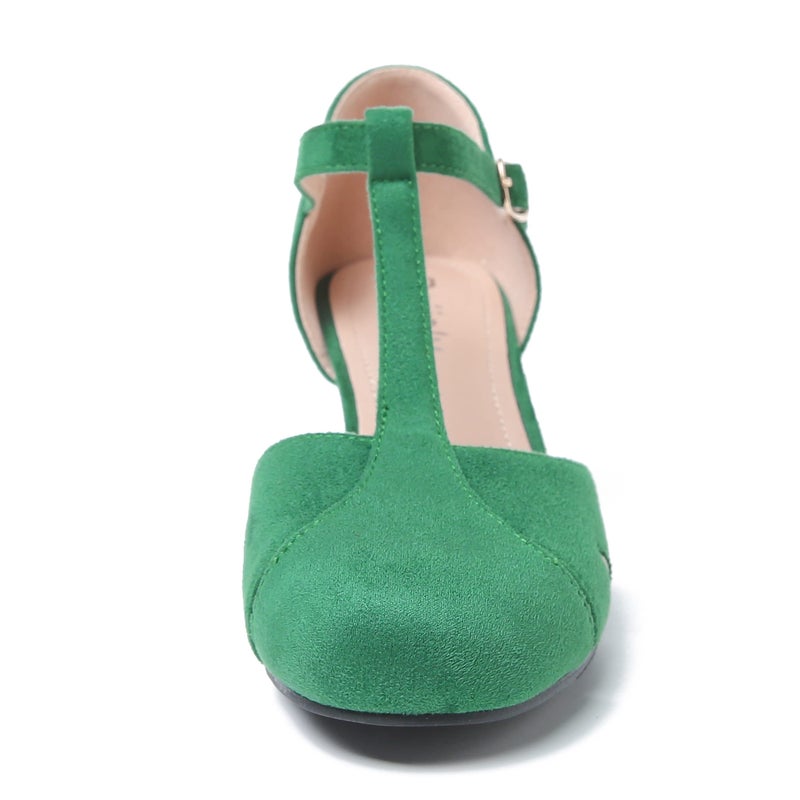 Peijely Women's T-Strap Block Heel Pumps, Ankle Buckle Closure, Classic Cut Out Round Toe Dress Shoes Suede Green 44 - US 11 - Image 5