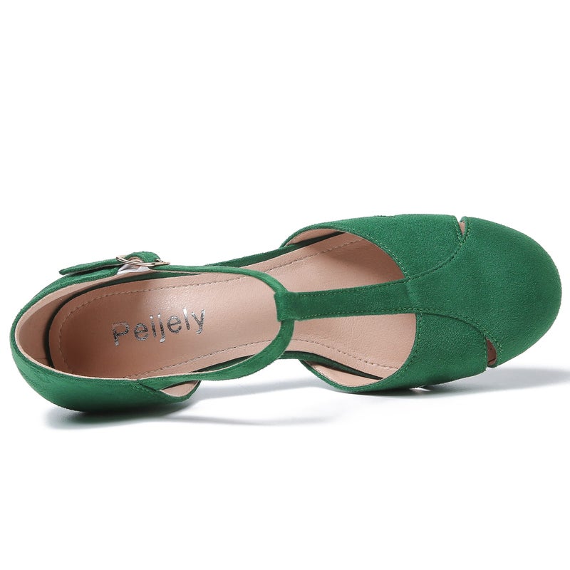 Peijely Women's T-Strap Block Heel Pumps, Ankle Buckle Closure, Classic Cut Out Round Toe Dress Shoes Suede Green 44 - US 11 - Image 4