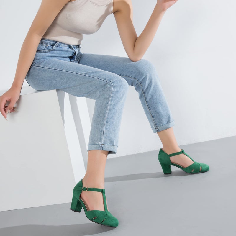 Peijely Women's T-Strap Block Heel Pumps, Ankle Buckle Closure, Classic Cut Out Round Toe Dress Shoes Suede Green 44 - US 11 - Image 2