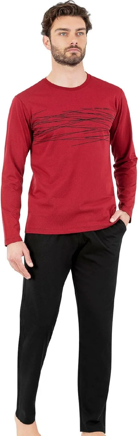 بيير كاردان 6061 Men's Long Sleeve Crew Neck Pajama Set-Burgundy