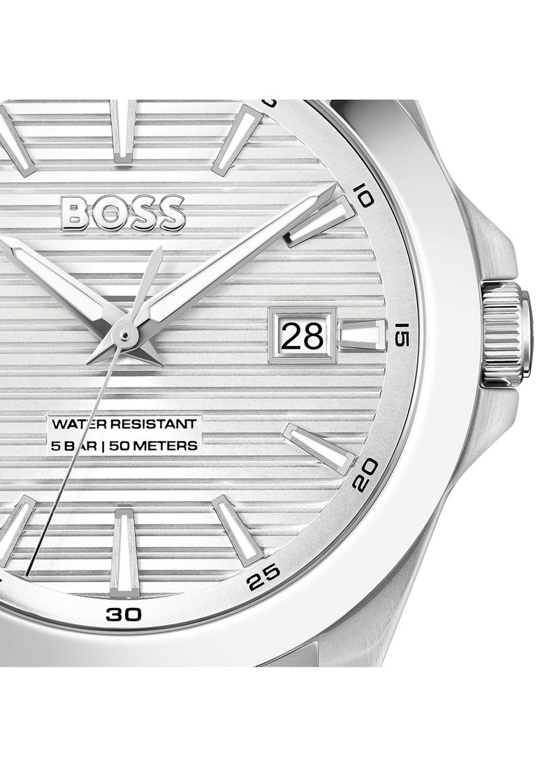 HUGO BOSS ساعة هوجو بوس الدائرية التناظرية للرجال بعلبة فضية وبيضاء - 1514176  - Image 4