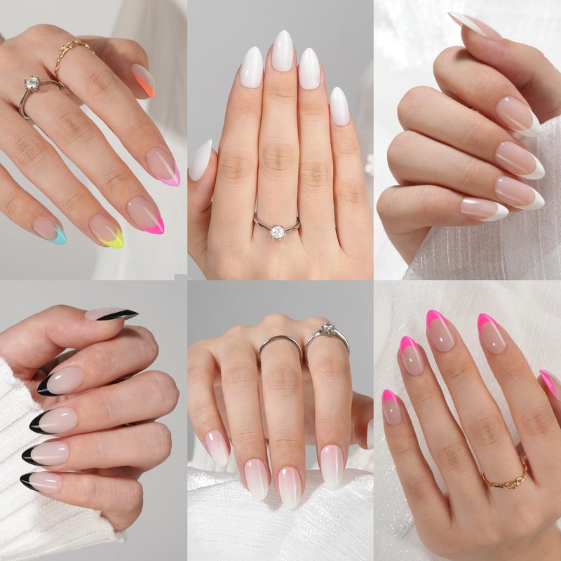 6 Packs Press On Nails Almond Misssix French Tip Press On Nails Short Reusable Glue On Nails Gel Fake Nails for Women Stick On Nails Kit 15 Sizes6 styles in total