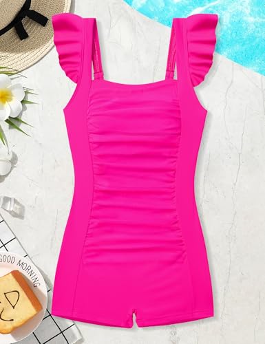 Aulyffo Girls Swimsuit Size 10 Bathing Suits for Girl One Piece Bathing Suit Solid Swimsuits Ruched Sleeveless Girls' Swimwear Pink 9-10 Years - Image 4