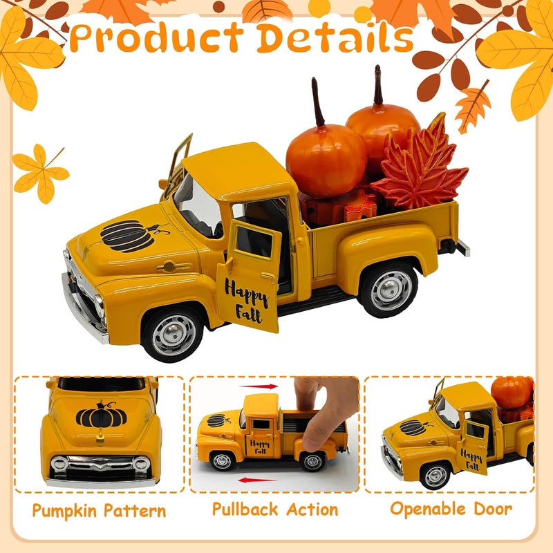 YimiBloss 4.9″ Mini Fall Vintage Metal Pumpkin Truck Decor with Pumpkins and Maple Leaves - Fall Rustic Farmhouse Style Table Centerpiece, Thanksgiving & Autumn Havest Tiered Tray Decoration for Home Kitchen - Image 4