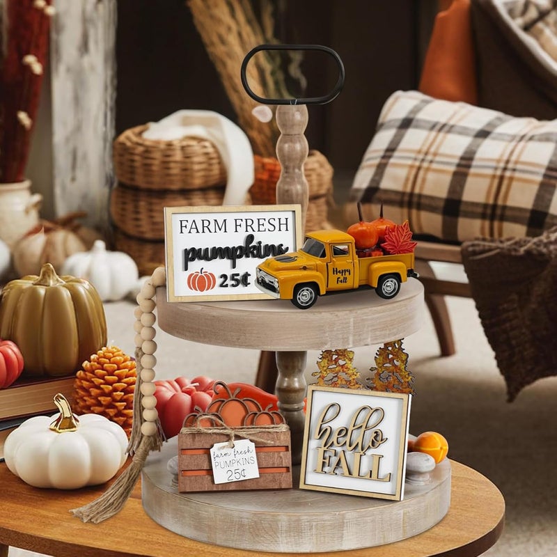 YimiBloss 4.9″ Mini Fall Vintage Metal Pumpkin Truck Decor with Pumpkins and Maple Leaves - Fall Rustic Farmhouse Style Table Centerpiece, Thanksgiving & Autumn Havest Tiered Tray Decoration for Home Kitchen - Image 5