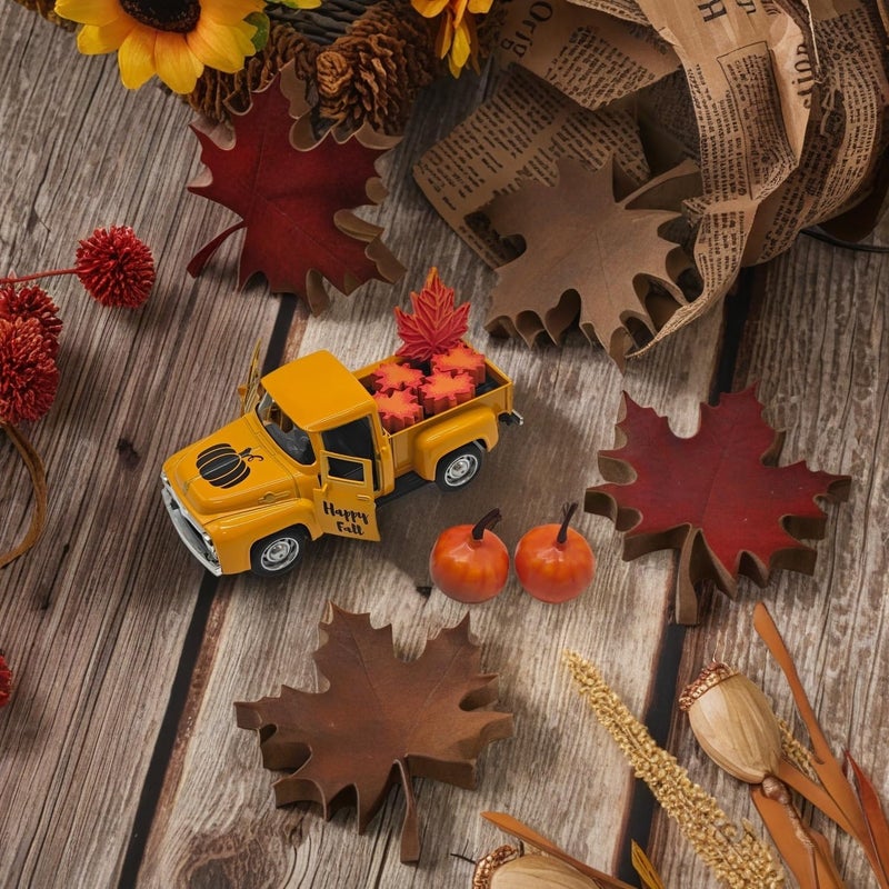 YimiBloss 4.9″ Mini Fall Vintage Metal Pumpkin Truck Decor with Pumpkins and Maple Leaves - Fall Rustic Farmhouse Style Table Centerpiece, Thanksgiving & Autumn Havest Tiered Tray Decoration for Home Kitchen - Image 2