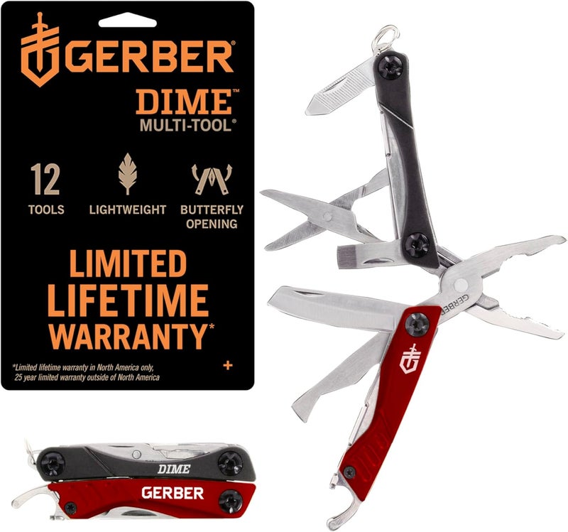 Gerber أداة متعددة الاستخدامات Gear Dime 12 في 1 - كماشة ذات أنف رفيع، سكين جيب، سلسلة مفاتيح، فتاحة زجاجات - معدات وأدوات EDC، هدايا للرجال - أحمر - Image 1
