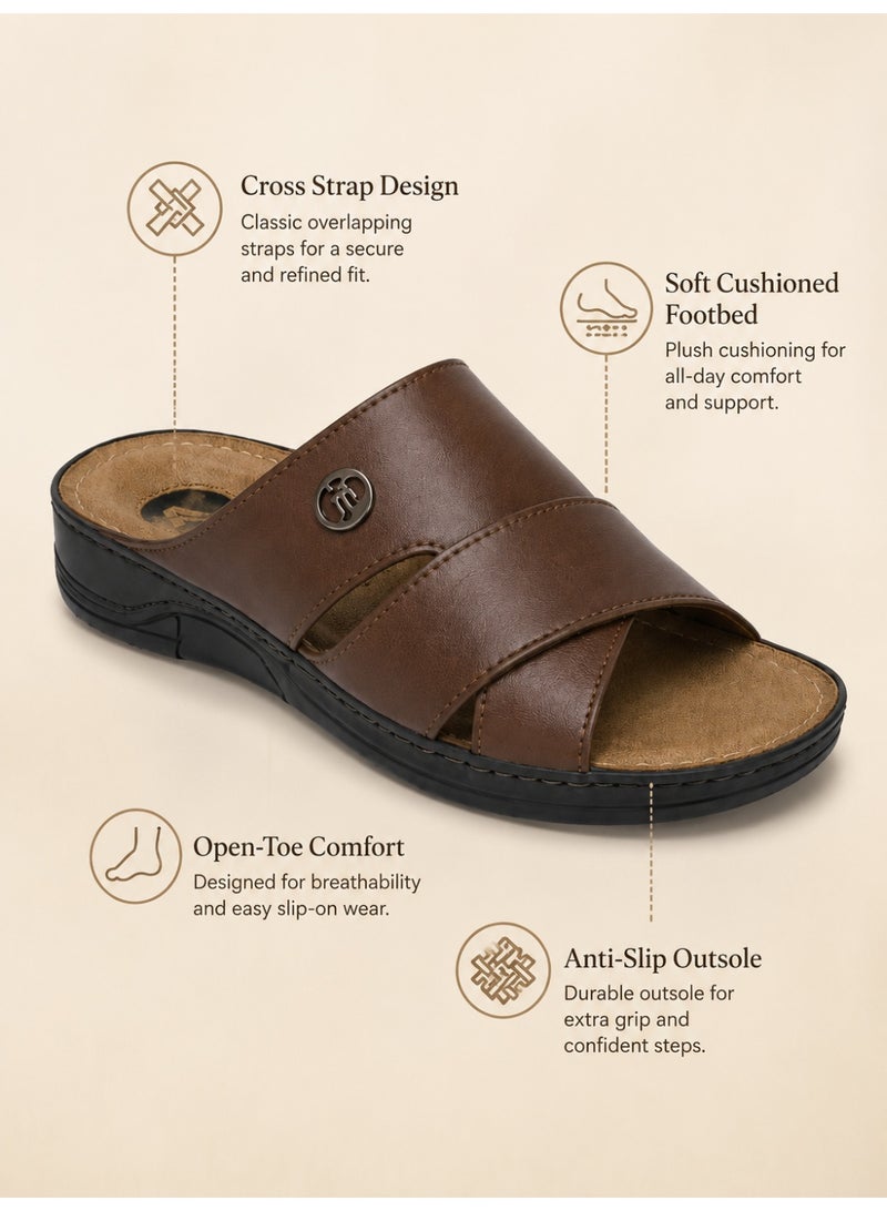 Men's Leather Slide Sandals, Comfortable Open Toe Slippers with Soft Cushioned Footbed, Lightweight Slip-On Casual Walking Sandals for Indoor & Outdoor Daily Wear - Image 3