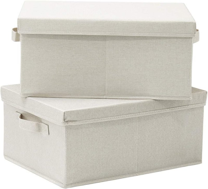 HOONEX Foldable Storage Bins with Lids, 2 Pack, Storage Boxes with Carrying Handles and Sturdy Heavy Cardboard, 16.5" L x 11.8" W x 7.5" H for Shoes, Books, Clothes, Linens, Beige - Image 1