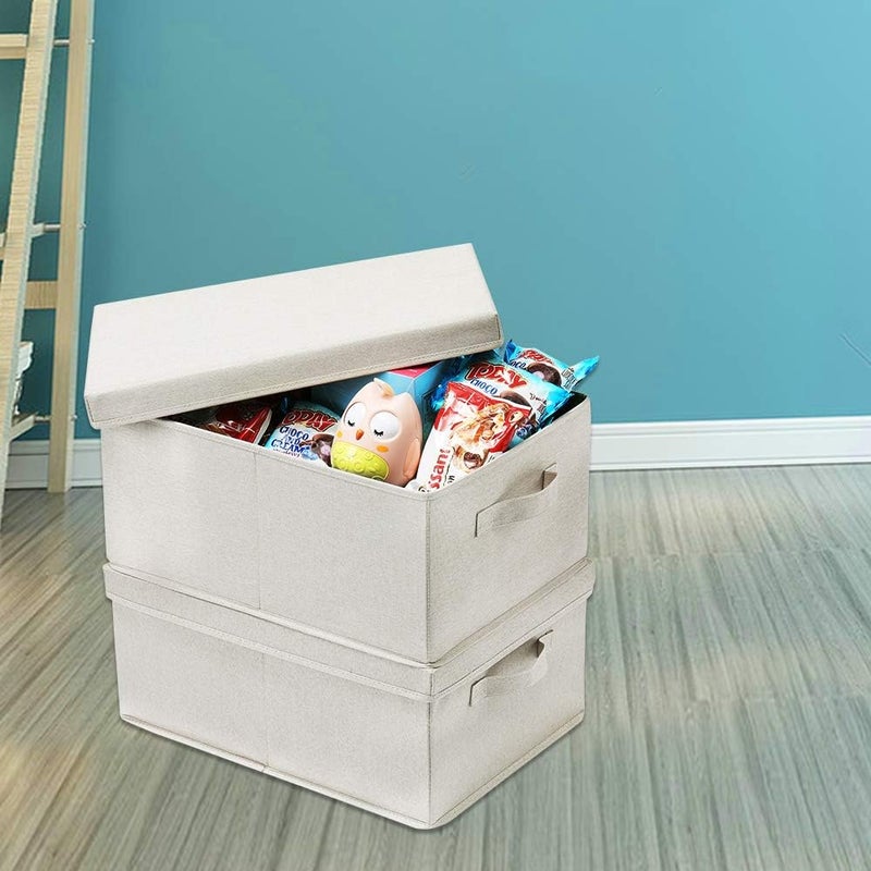 HOONEX Foldable Storage Bins with Lids, 2 Pack, Storage Boxes with Carrying Handles and Sturdy Heavy Cardboard, 16.5" L x 11.8" W x 7.5" H for Shoes, Books, Clothes, Linens, Beige - Image 3